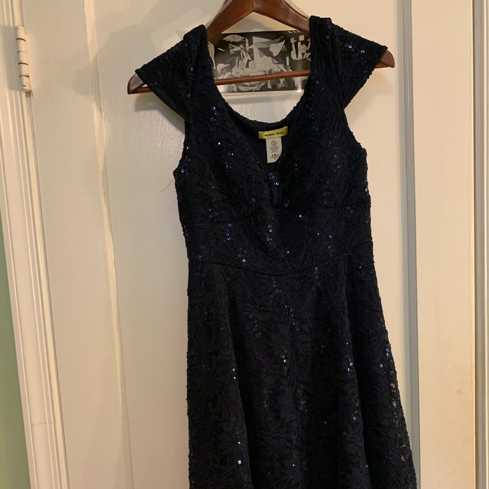 YELLOW STAR SEQUIN MIDNIGHT BLUE SKATER DRESS